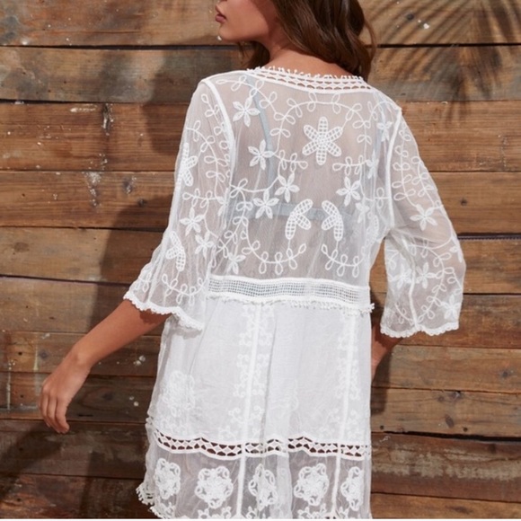 Bohemian Floral Embroidered Beach Cover up Mint Green - Picture 6 of 7